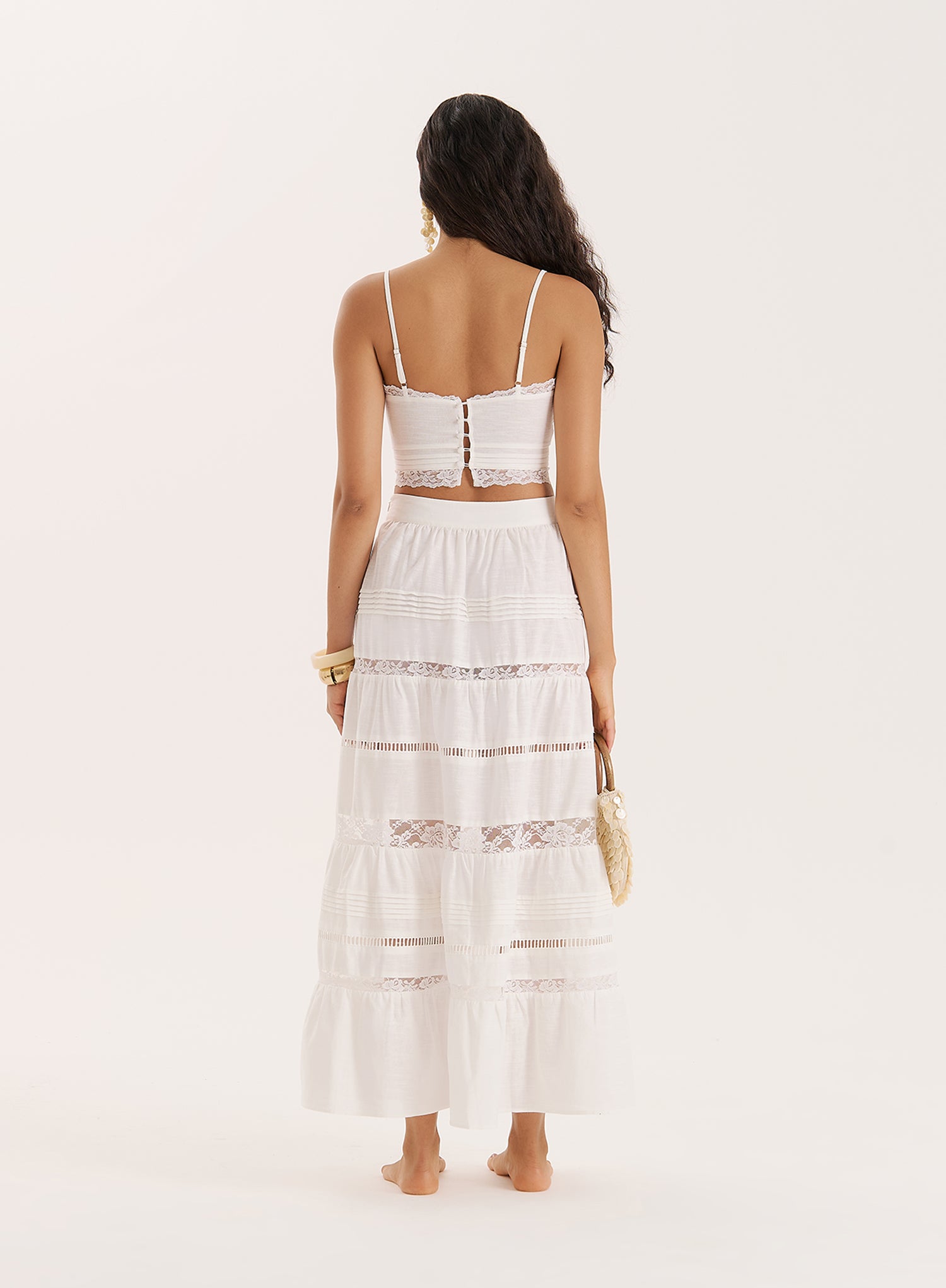 White Lace Insert Tiered Maxi Skirt